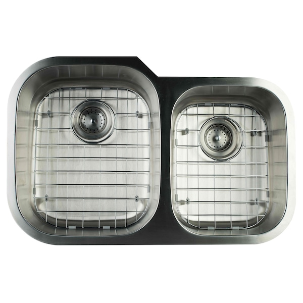 Undermount Stainless Steel 32 In. 0-Hole Double Bowl Kitchen Sink With Strainer